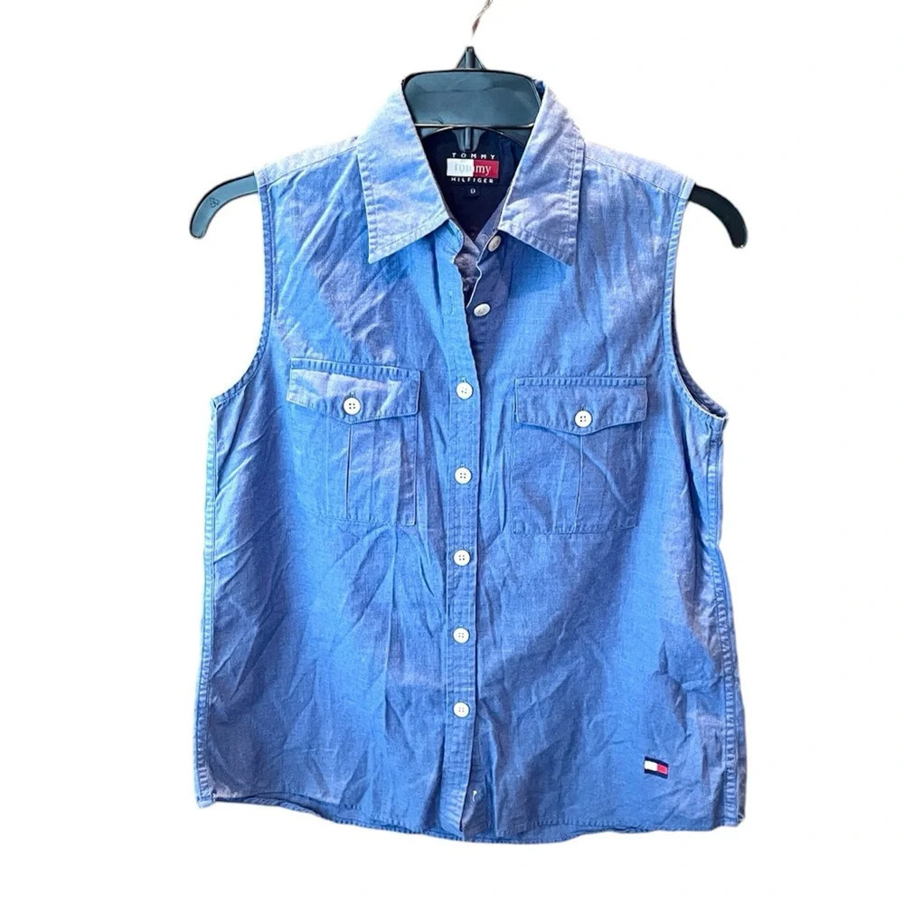 Tommy Hilfiger women sleeveless button cotton chambray top 8 blue coastal beach